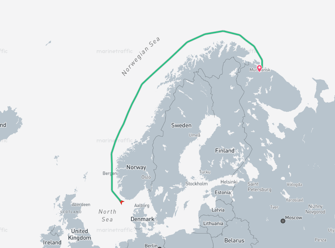 Поточне розташування танкеру ЗПГ PORTOVYY та його подальший прогнозований шлях. Зображення - Marine Traffic