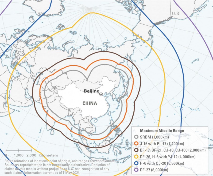 Ілюстрація дальності китайських ракет, але зображені не всі існуючі. Фото - DoW