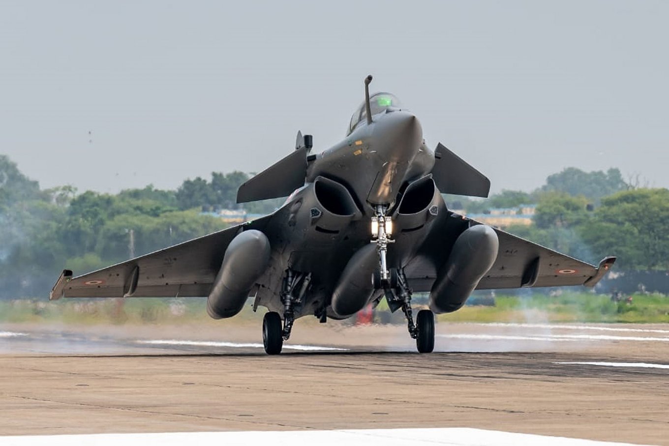 A Rafale landing at Ambala Air Force Station on its first arrival in India on 29 July 2020