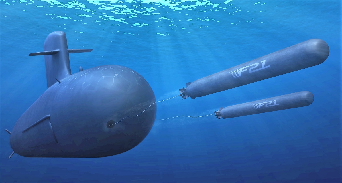 Запуск торпед F21 з підводного човна типу Scorpene