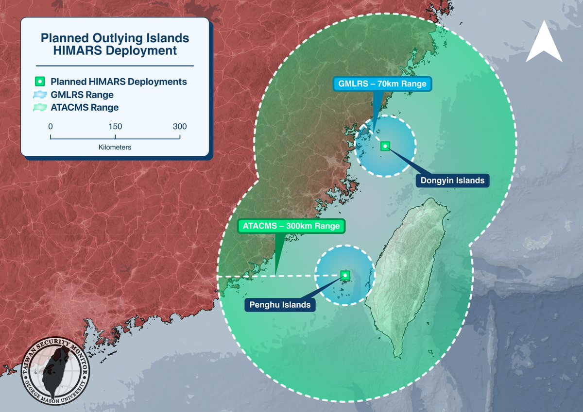 Приблизна зона ураження M124 HIMARS з обох островів. Зображення - Кріс Дейтон/Taiwan Security Monitor