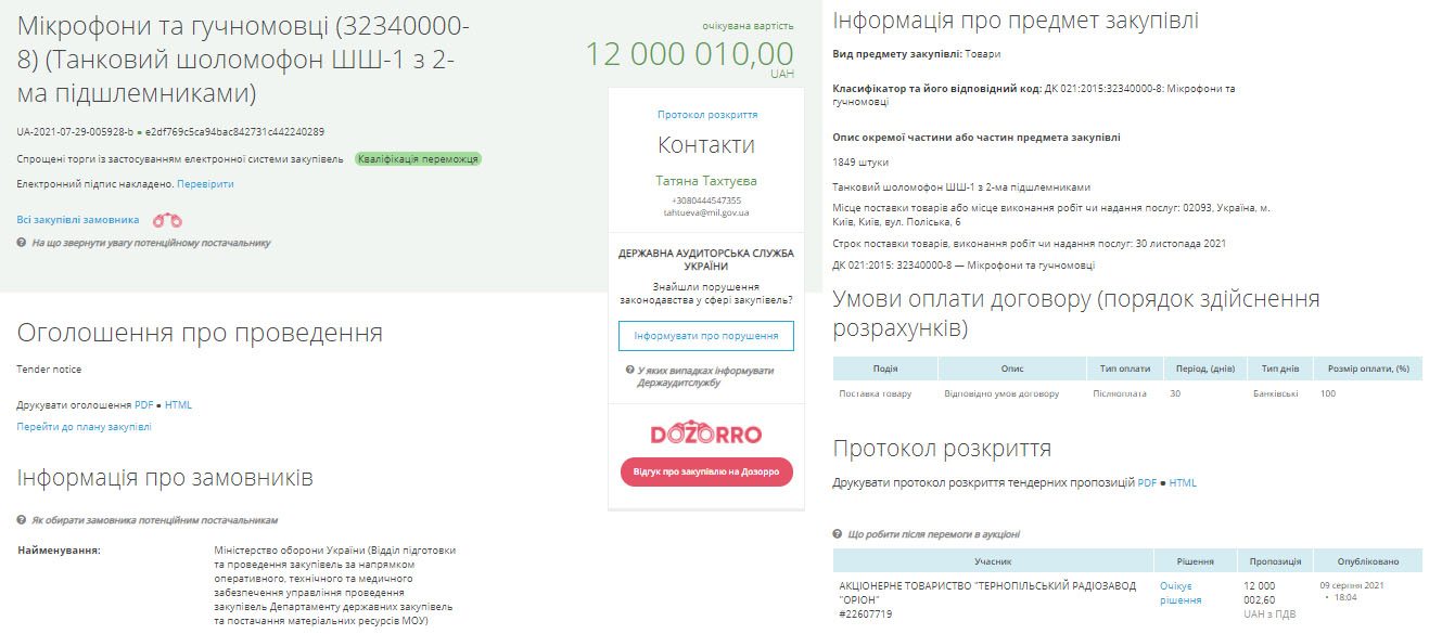 Тендер Міноборони України на закупівлю понад 1,8 тисячі шоломофонів