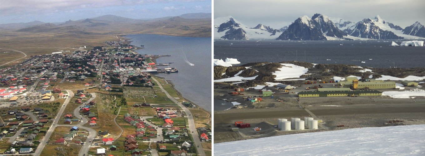 Антарктична служба Великобританії налічує понад 400 співробітників та відіграє активну роль в справах Антарктики, керуючи п'ятьма дослідними станціями, двома кораблями й п'ятьма літаками. На фото столиця Фолклендських островів (належать Британії) Стенлі (ліворуч). Саме там наразі базується криголам RRS James Clark Ross та дослідницька станція Rothera (праворуч)