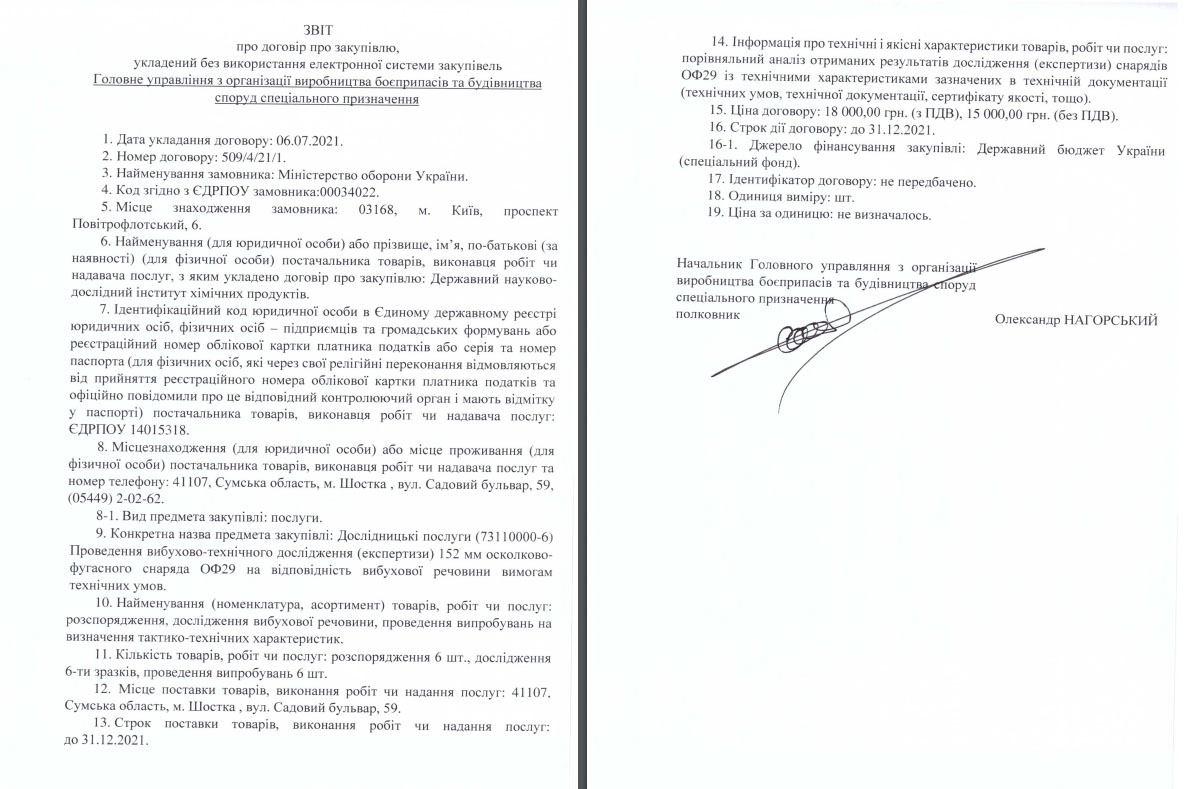 Контракт на експертизу ОФ-29 між Міноборони та ДержНДІХП