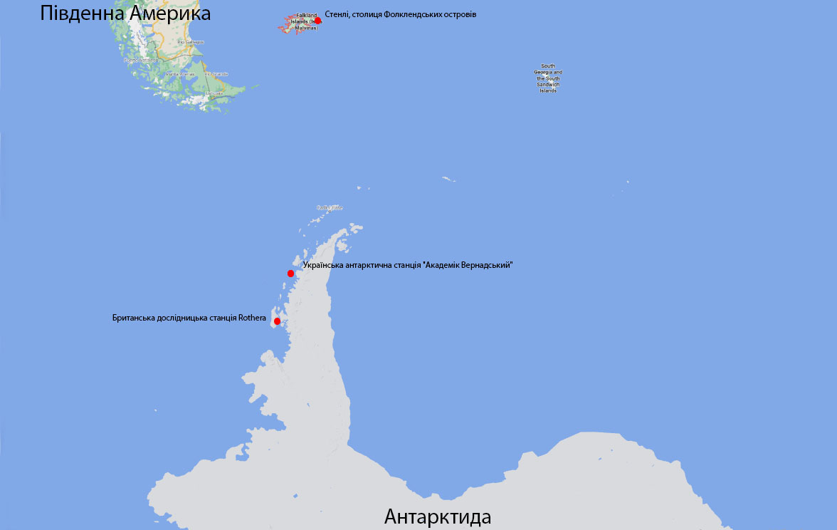 Порт базування криголаму (Фолклендські острови) головна антарктична станція Британії Rothera (з причалом, який здатен приймати великі судна) та українська станція 