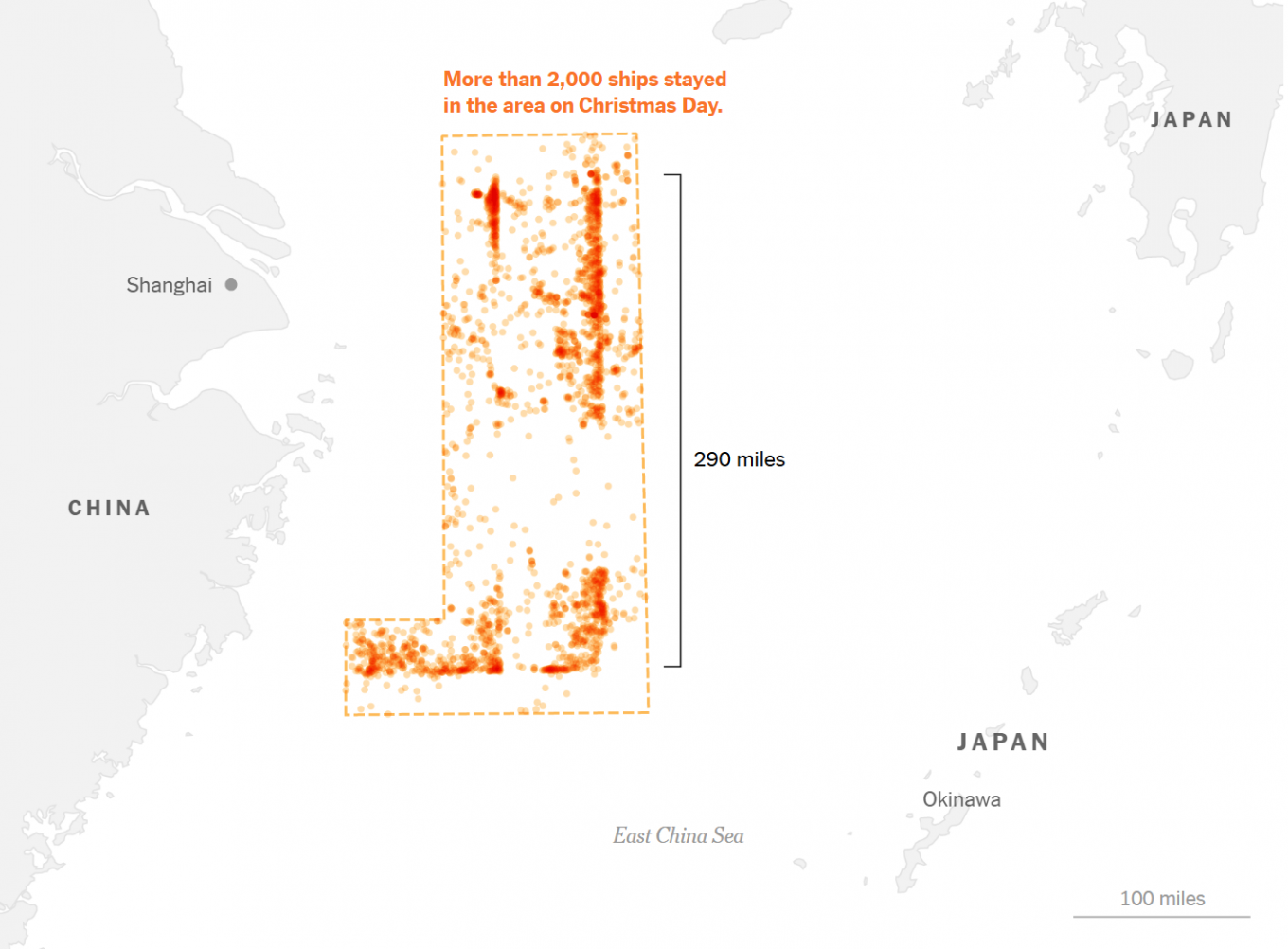 Мапа з відміченими китайськими рибацькими суднами що утворили бар'єр. Фото - The New York Times
