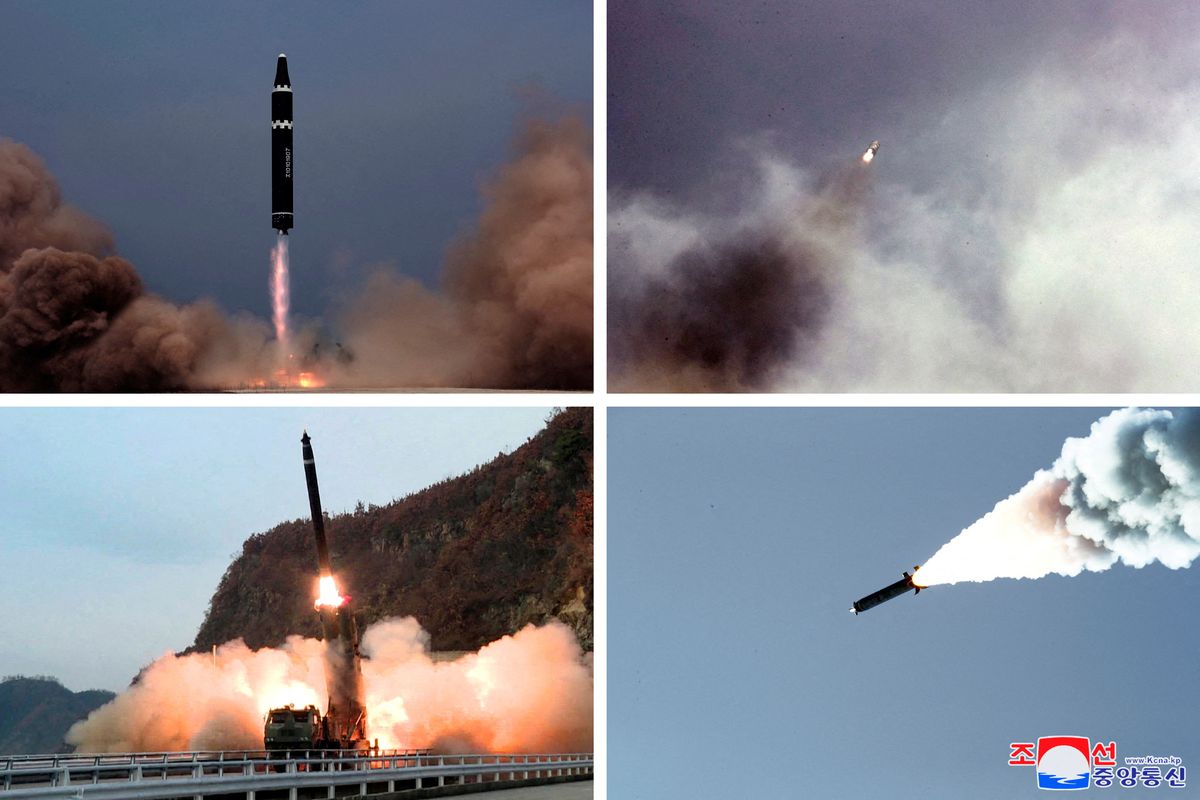 Пуски балістичних ракет, які Північна Корея провела 7 листопада 2022 року, на двох нижніх слайдах - пуски ракет KN-25, колаж Reuters
