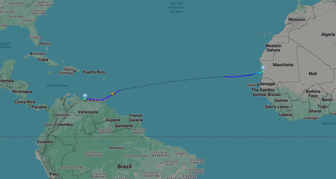 Найдовша частина маршруту російського Ил-76ТД між Мавританією та Венесуелою. Фото - Flightradar 24