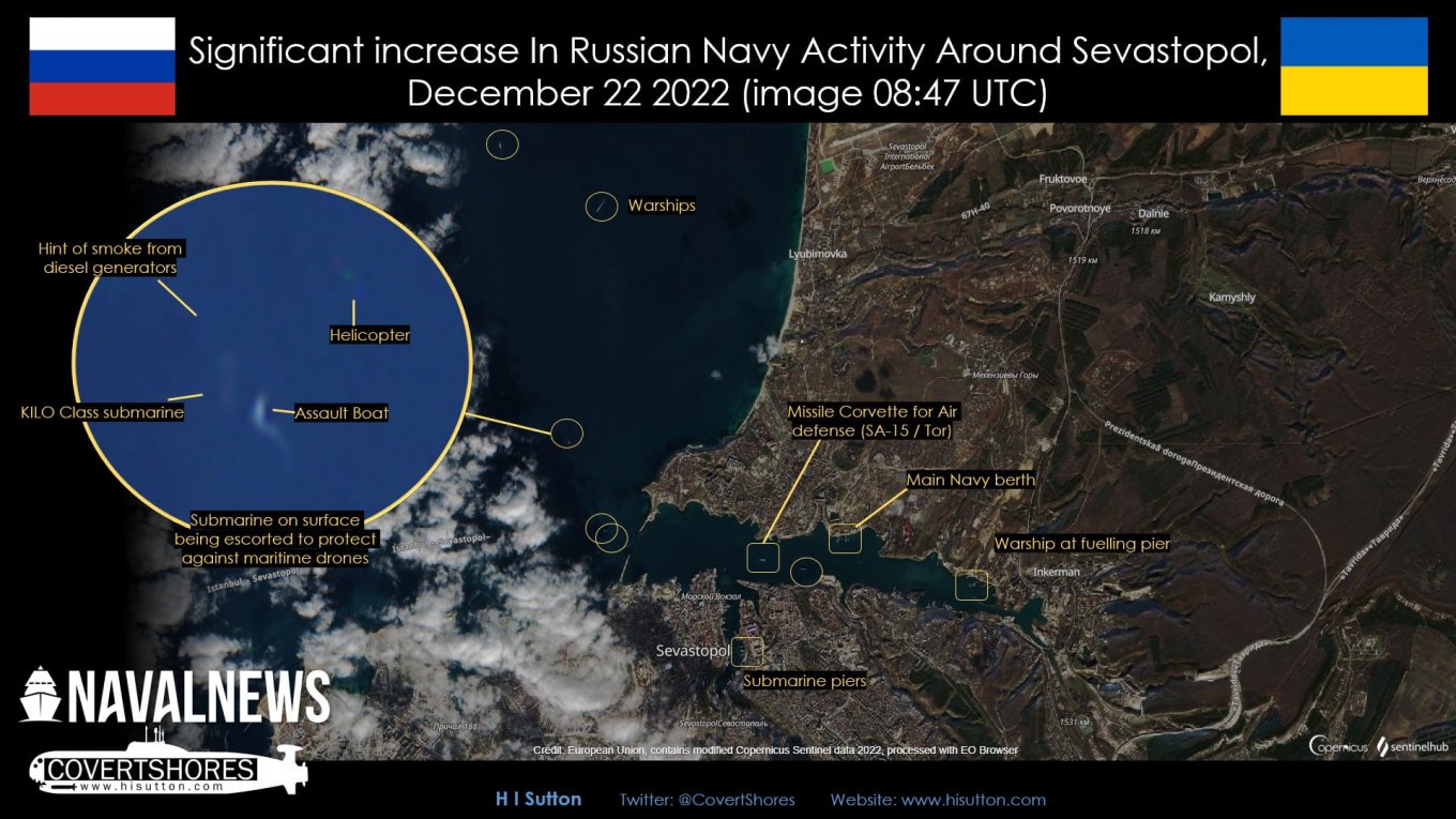 Вихід у море рашистського підводного човна-носія ракет "Калибр" та супровід до нього, 22 грудня 2022 року, інфографіка Naval News