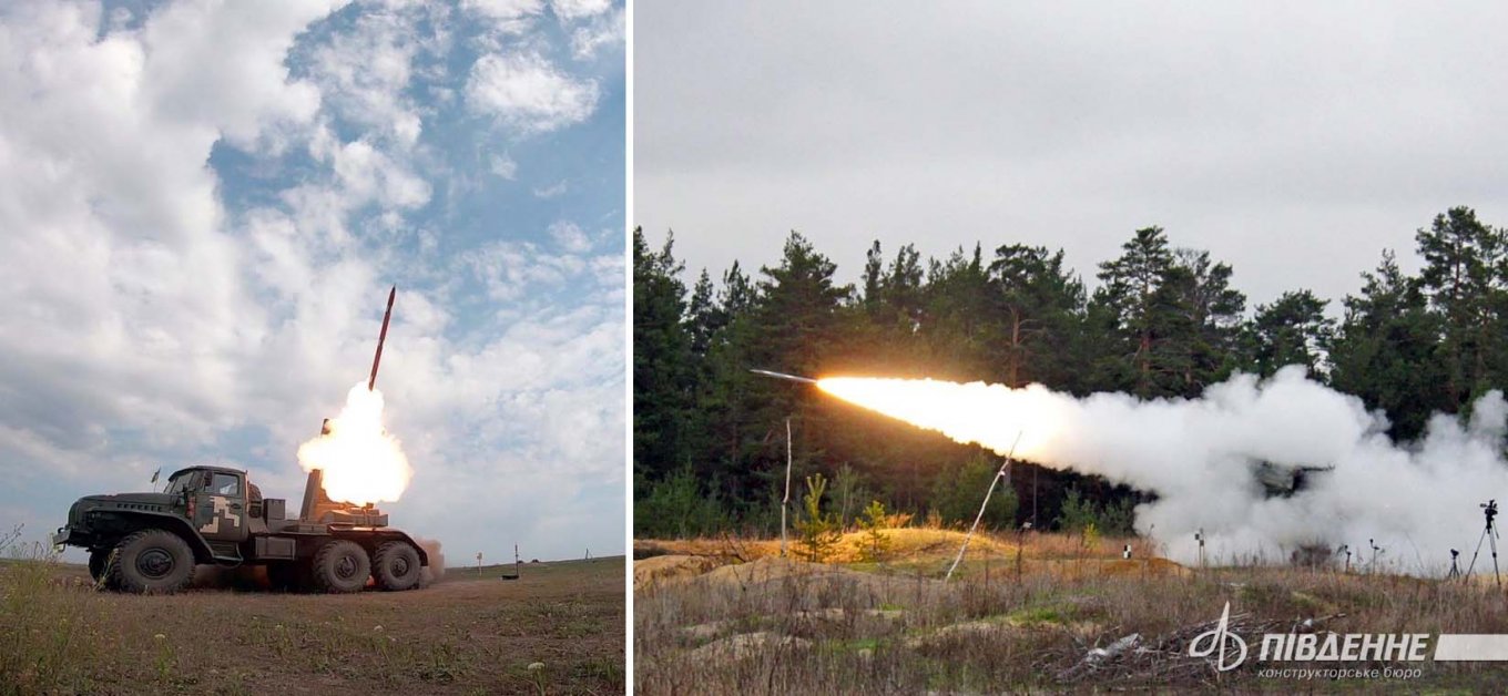 Випробувальні пуски 122-мм реактивного снаряда Тайфун-1 у 2020 (ліворуч) та 2019 (праворуч) роках