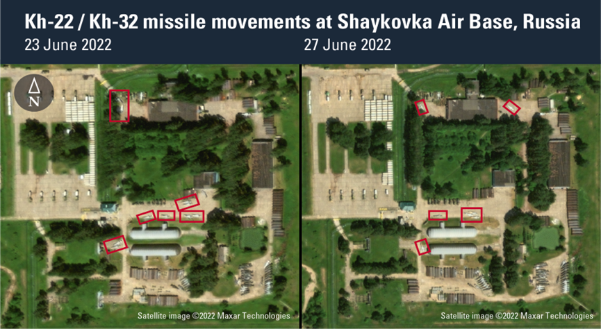 
         Kh-22 cruise missiles at the Russian airport "Shaykovka"  June 23 and 27, photo by Maxar Technologies
        