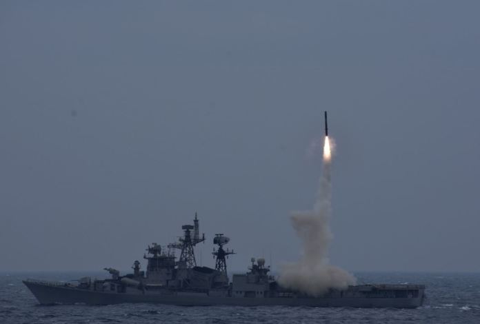 
         Test launch of a BrahMos cruise missile from the Indian Navy destroyer INS Ranvijay, which belonged to the Soviet Project 61, December 2020, photo from open sources
        