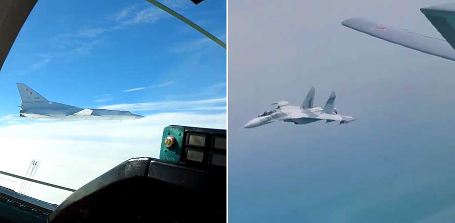 Політ дальніх стратегічних бомбардувальників Ту-22М3 у супроводі винищувачів Су-27 ВКС РФ над Чорним морем