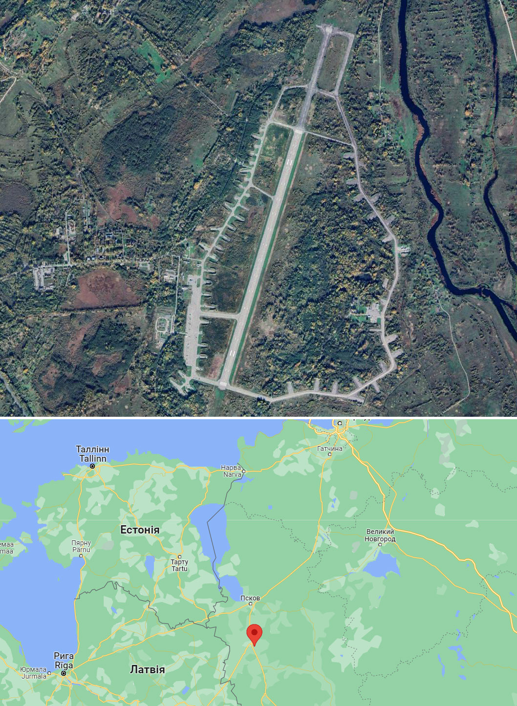 Авіабаза "Веретье" знаходиться поблизу міста Остров у 30 км від кордону з Латвією