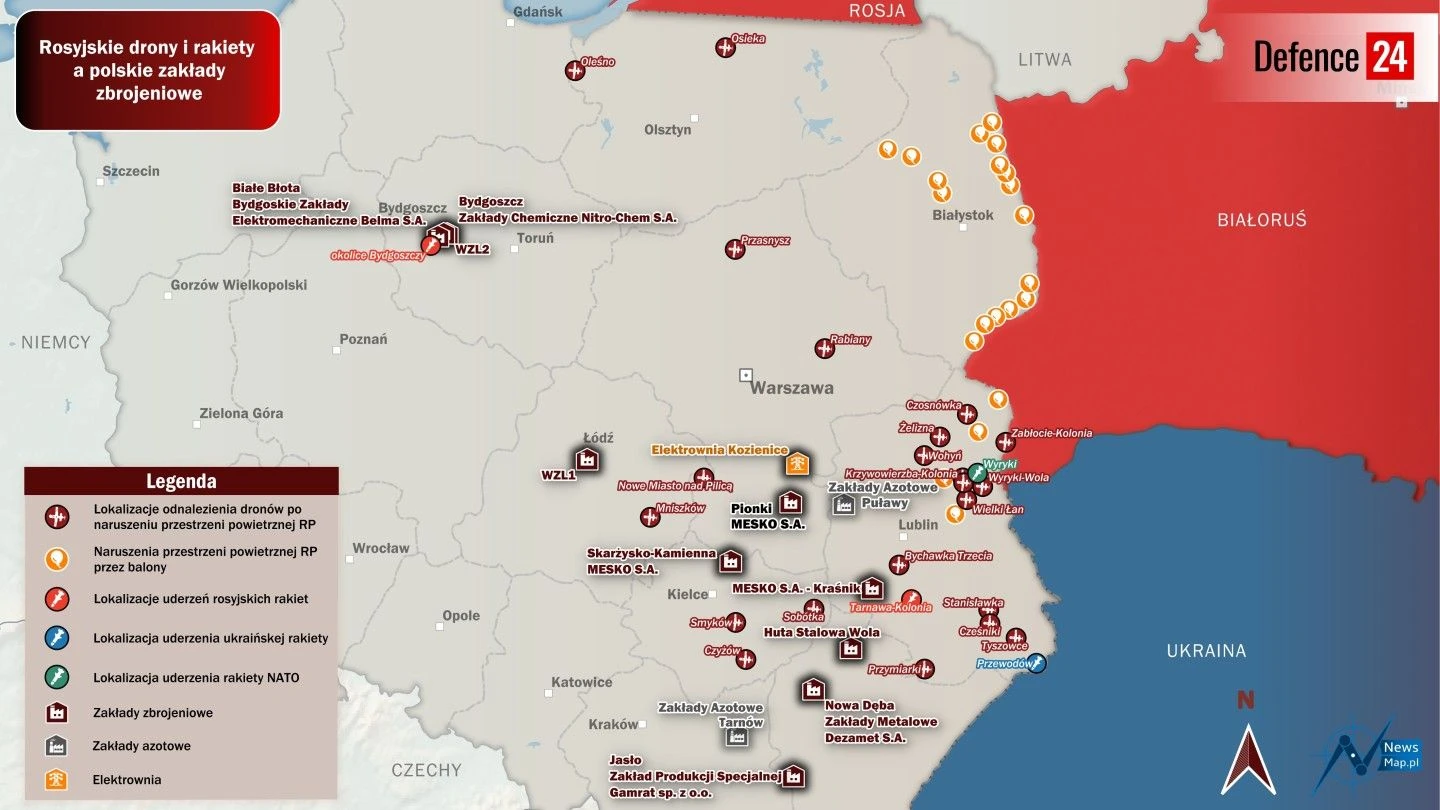 У Польщі наклали місця падіння російських дронів та крилатих ракет на координати оборонних заводів та знайшли цікаві закономірності
