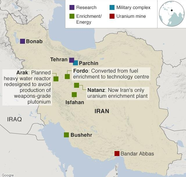 Карта розміщення основних об'єктів ядерної програми Ірану