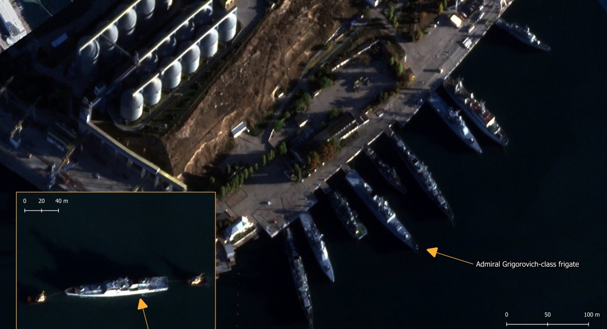 Кораблі ЧФ РФ в окупованому Севастополі після атаки дронів, 1 листопада 2022 року, 1 листопада 2022 року, супутниковий знімок наводить Benjamin Pittet