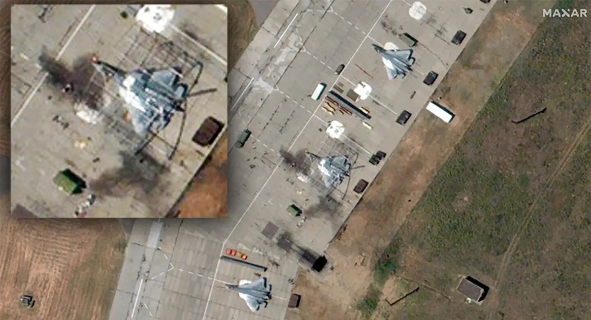 Пошкоджений Су-57 на аеродромі "Ахтубинск" після удару 8 червня 2024 року, супутниковий знімок від Maxar Technologies, наводить TWZ