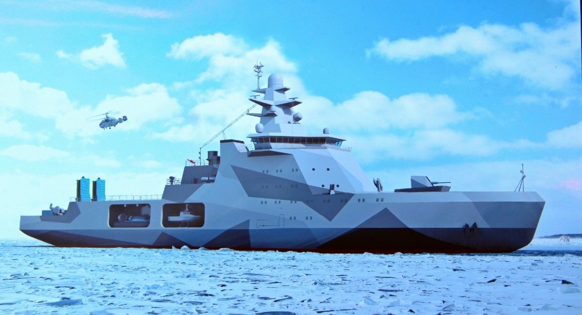 Рендер бойового криголаму за проектом 23550 "Иван Папанин", на кормі корабля зображені пускові установки Club-K для запуску крилатих ракет "Калибр"